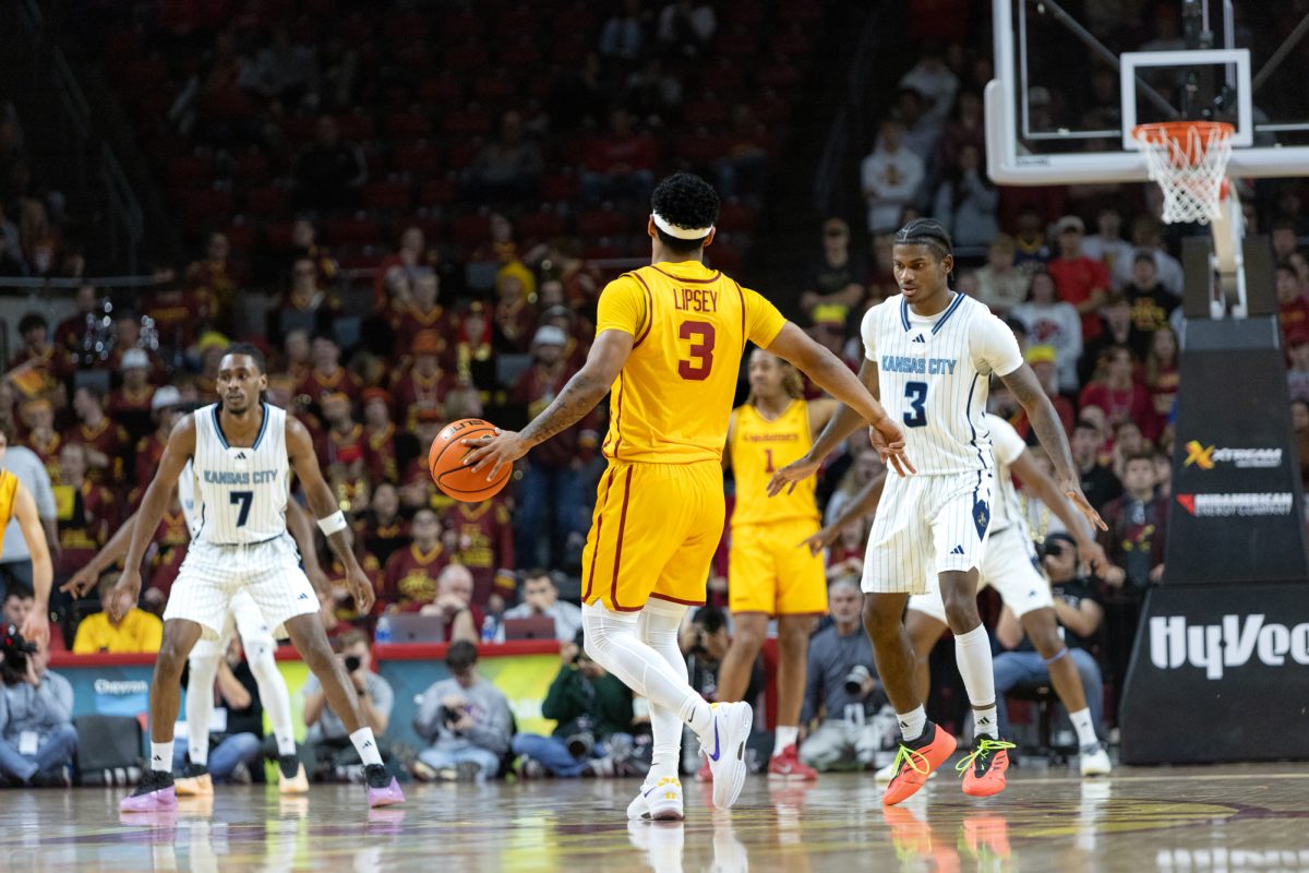 Tamin Lipsey (3) plays offense against Davontae Hall (3) towards the end of the first half of the Iowa State Cyclones vs. the Kansas City Roos game at Hilton Coliseum in Ames, Iowa on Nov. 11, 2024.