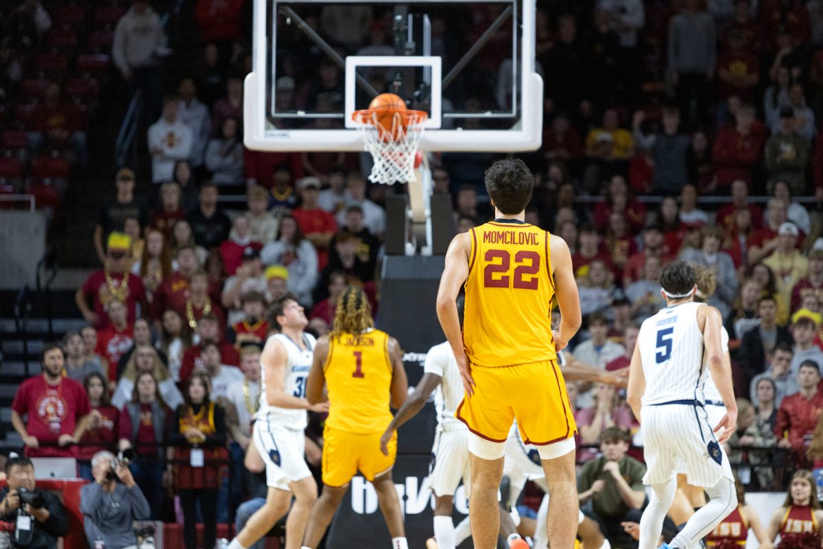 Milan Momcilovic (22) watches as the Cyclones score during the first half of the Iowa State Cyclones vs. the Kansas City Roos game at Hilton Coliseum in Ames, Iowa on Nov. 11, 2024.