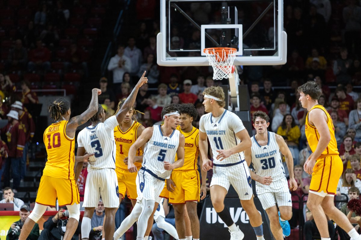 Keshon Gilbert (10) and Davontae Hall (3) both try and contest the call during the first half of the Iowa State Cyclones vs. the Kansas City Roos game at Hilton Coliseum in Ames, Iowa on Nov. 11, 2024.