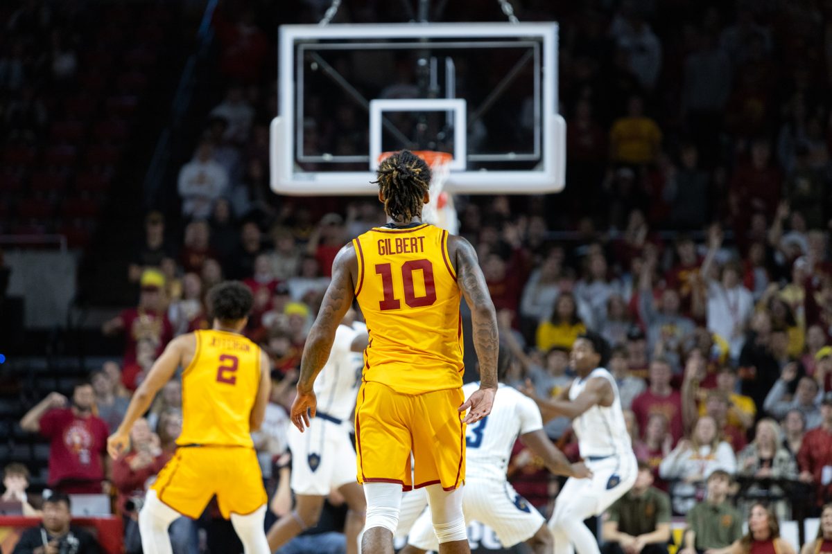 Keshon Gilbert (10) watches as the Kansas City Roos rebound and prepares to play defense during the first half of the Iowa State Cyclones vs. the Kansas City Roos game at Hilton Coliseum in Ames, Iowa on Nov. 11, 2024.