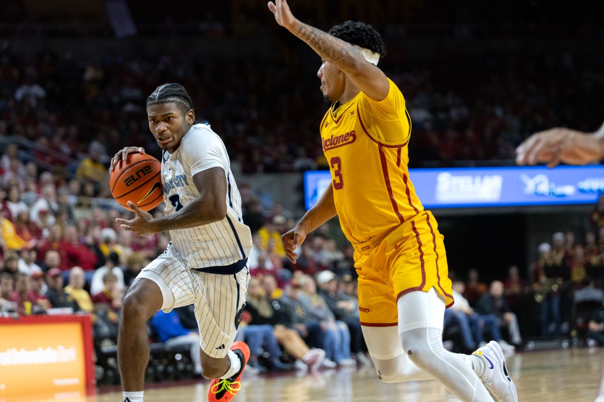 Tamin Lipsey (3) plays defense against Davontae Hall (3) during of the Iowa State Cyclones vs. the Kansas City Roos game at Hilton Coliseum in Ames, Iowa on Nov. 11, 2024.