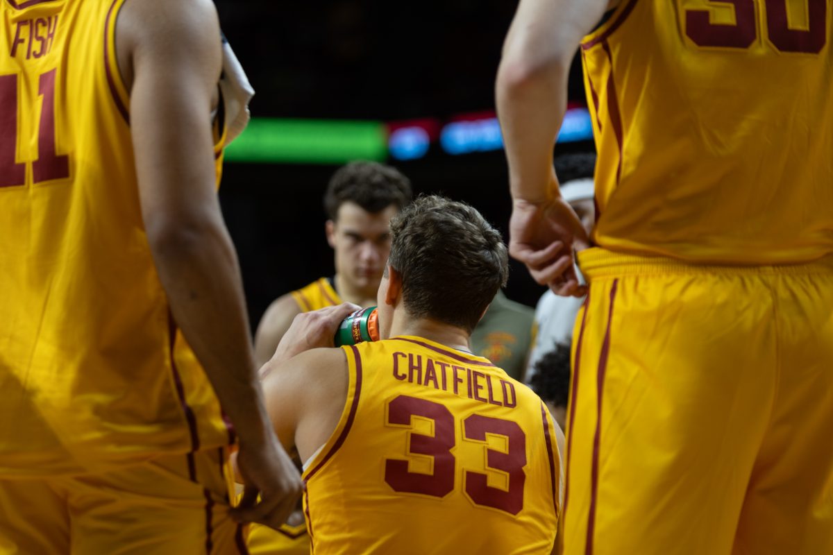 Brandton Chatfield (33) has water during a timeout during of the Iowa State Cyclones vs. the Kansas City Roos game at Hilton Coliseum in Ames, Iowa on Nov. 11, 2024.