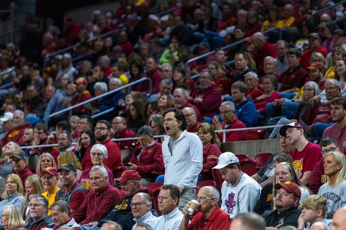 An Iowa State fan reacts to a call that is made against the Cyclones during of the Iowa State vs. University of Missouri Kansas City game at Hilton Coliseum in Ames, Iowa on Nov. 11, 2024.