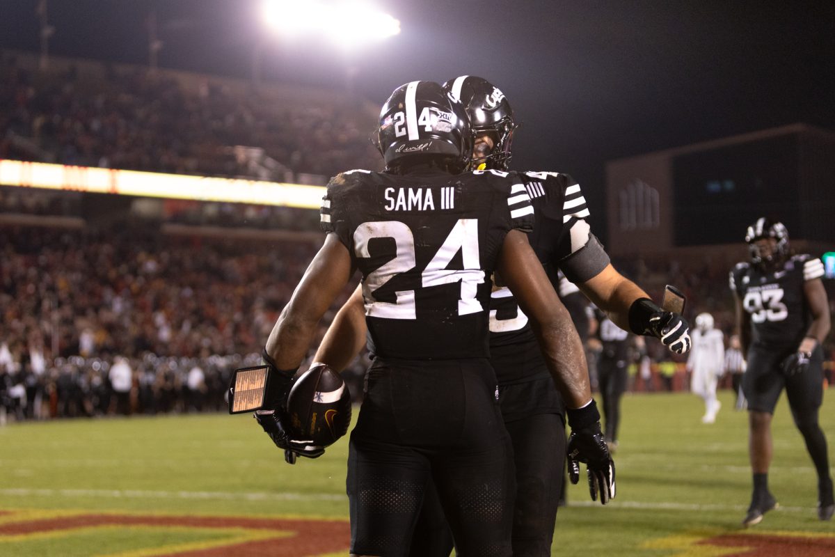 Abu Sama III (24) celebrates with is teammates after a touch late in the fourth quarter during the Iowa State Cyclones and Cincinnati Bearcats game in Ames Iowa on Nov. 16, 2024.