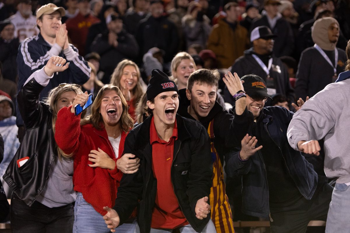 Iowa State fans cheer after watching the cyclones get a first down during the Iowa State Cyclones and Cincinnati Bearcats game in Ames Iowa on Nov. 16, 2024.