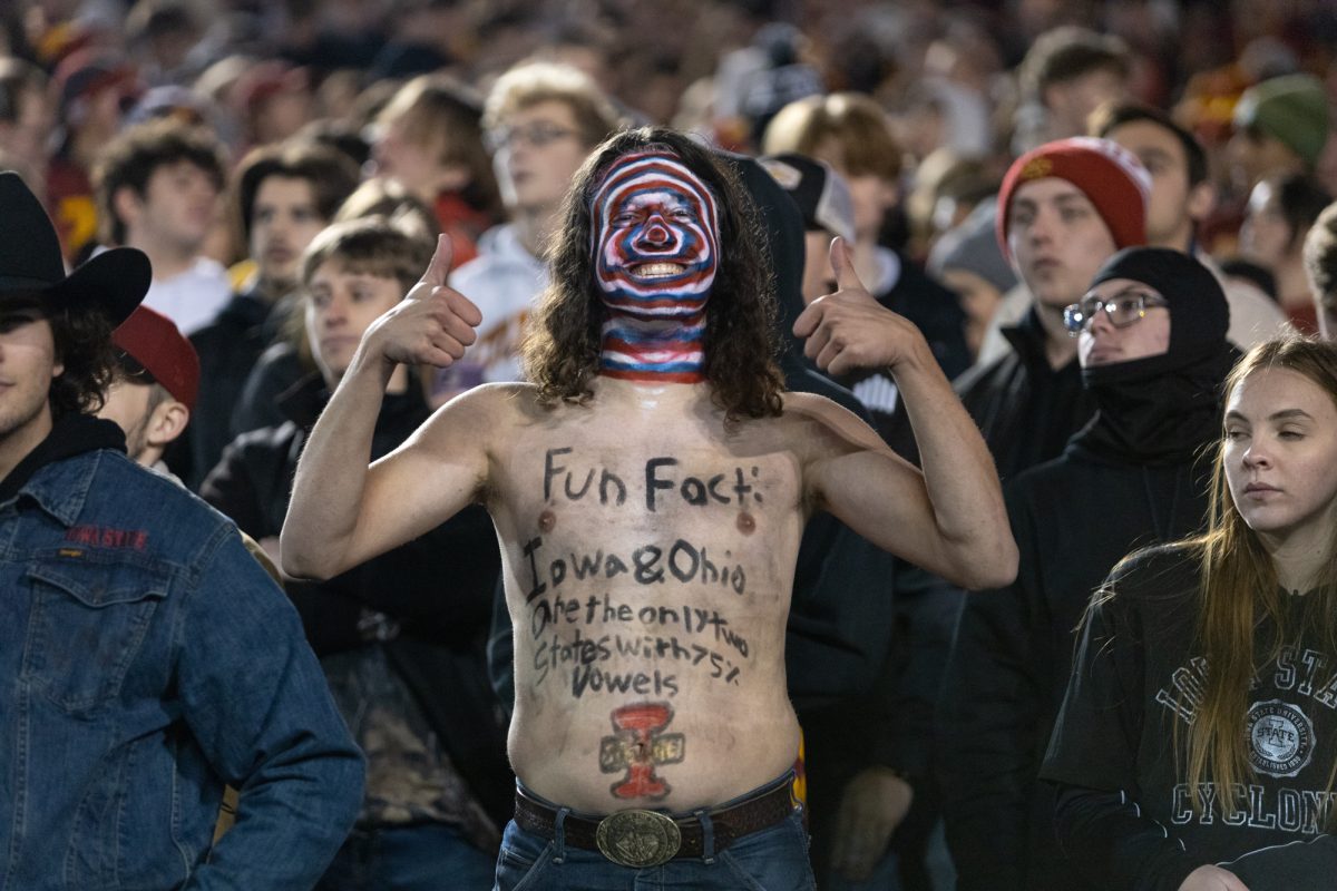 An Iowa State student goes all out for the Iowa State Cyclones and Cincinnati Bearcats game in Ames Iowa on Nov. 16, 2024.