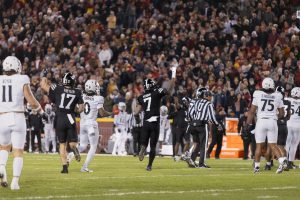 Malik Verdon (7) celebrates after a fumbled ball gets called in Iowa States favor during the Iowa State Cyclones and Cincinnati Bearcats game in Ames Iowa on Nov. 16, 2024. 