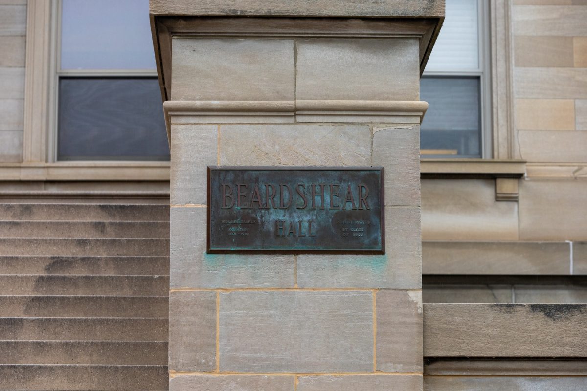 The Beardshear Hall plaque located by the steps leading into Beardshear Hall in Ames Iowa on Nov. 18, 2024.