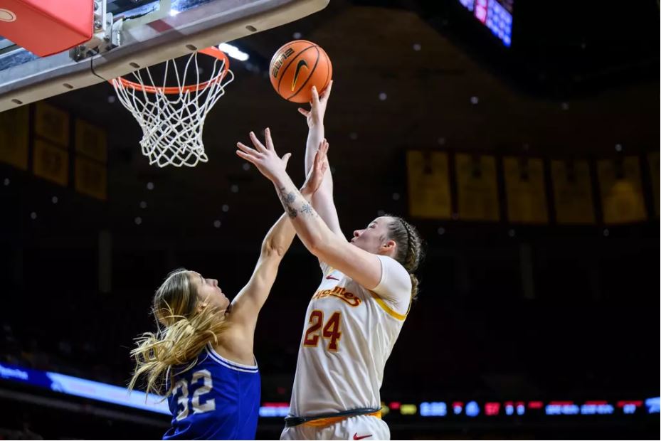 Addy Brown (#24) attempts a shot over a Drake defender at Hilton Coliseum on Nov. 24, 2024 // Photo provided by Iowa State Athletics