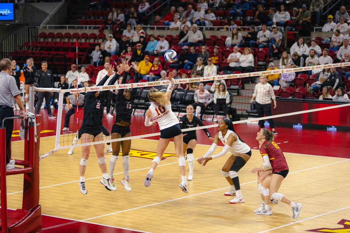 Rachel Van Gorp (10) hits the ball during the Iowa State vs. University of Houston volleyball game at Hilton Coliseum on Nov. 6, 2024. 