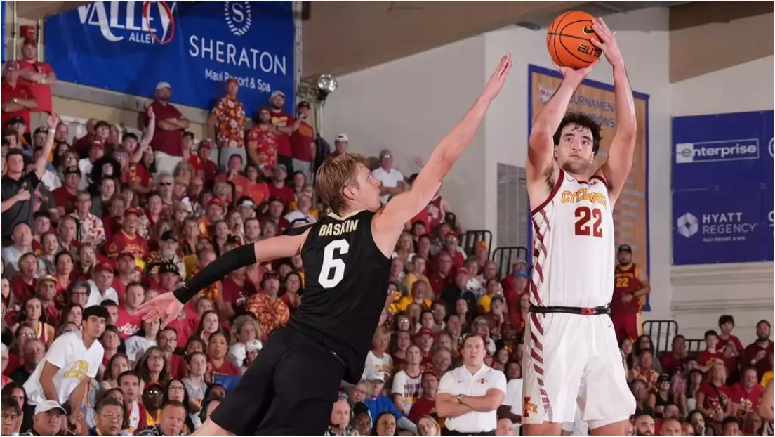 Iowa State's Milan Momcilovic (#22) shoots over Colorado's Trevor Baskin (#6) at the Maui Invitational on Nov. 27, 2024 // Photo provided by Iowa State Athletics / Photo by Brian Spurlock/KemperSports LIVE