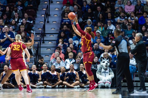 Forward Sydney Harris (25) shoots a three pointer during the Iowa State vs. University of Connecticut basketball game, Mohegan Sun Arena, Uncasville, CT, Dec. 17, 2024.