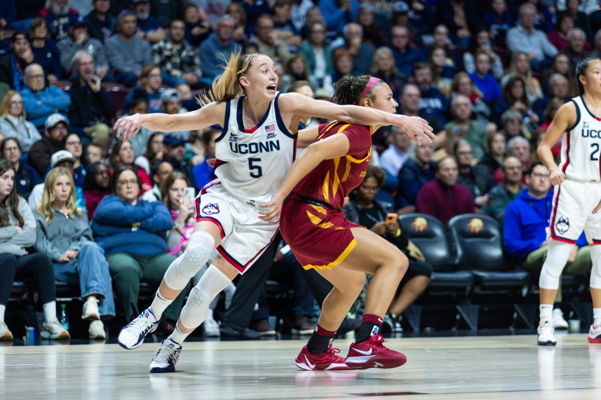 Guard Arianna Jackson (2) guards Paige Bueckers (5) during the Iowa State vs. University of Connecticut basketball game, Mohegan Sun Arena, Uncasville, CT, Dec. 17, 2024.