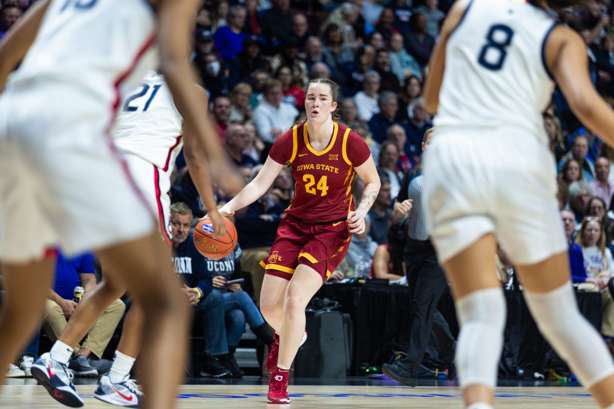 Forward Addy Brown (24) runs the offense during the Iowa State vs. University of Connecticut basketball game, Mohegan Sun Arena, Uncasville, CT, Dec. 17, 2024.