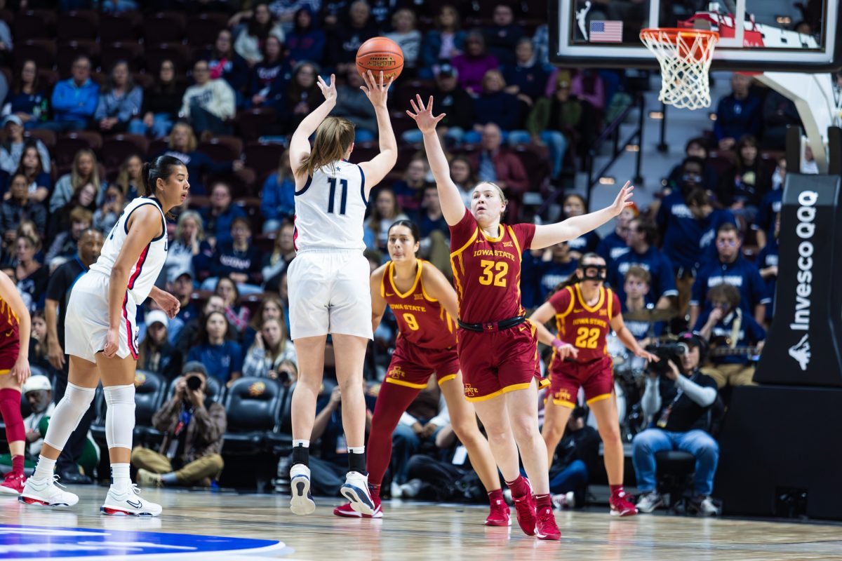 Guard Aili Tanke (32) closes out on Allie Ziebell (11) during the Iowa State vs. University of Connecticut basketball game, Mohegan Sun Arena, Uncasville, CT, Dec. 17, 2024.