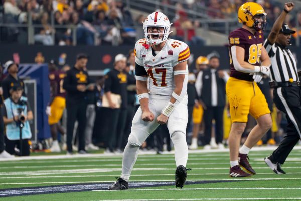 Linebacker Kooper Ebel (47) celebrates after a tackle during the Iowa State vs. Arizona State University Big 12 Championship football game at AT&T Stadium in Arlington, Texas on Dec. 7, 2024. 