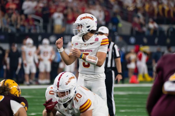 Quarterback Rocco Becht (3) commands the field during the Iowa State vs. Arizona State University Big 12 Championship football game at AT&T Stadium in Arlington, Texas on Dec. 7, 2024. 