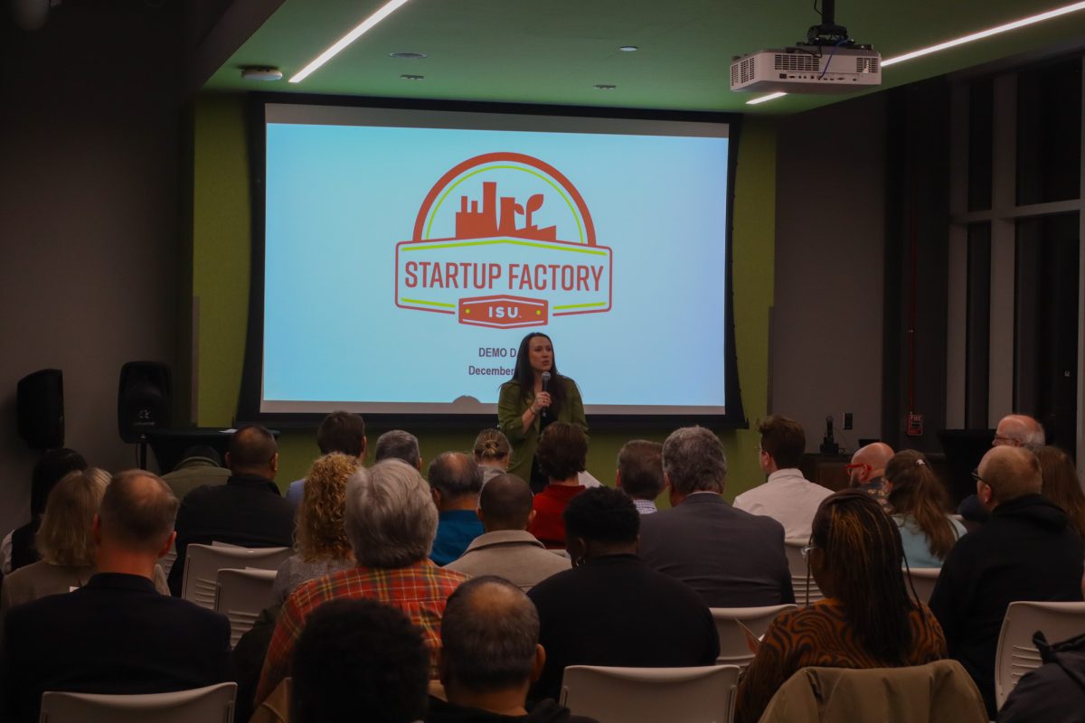 Ashley introduces the Startup Factory Demo program, taken at the ISU Research Park Core Facility Atrium in Ames, Iowa, on December 10, 2024.