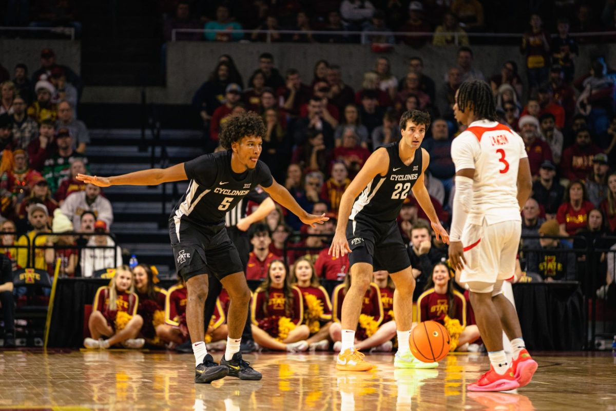 Curtis Jones (5) guards against Morgan State University during the NCAA men's basketball at Hilton Coliseum on Sunday, Dec. 22, 2024, in Ames, Iowa.