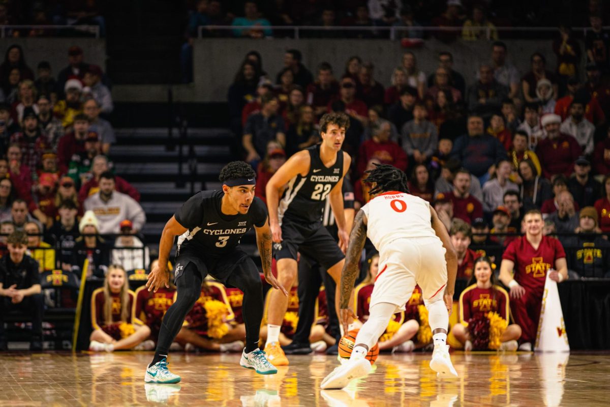 Tamin Lipsey (3) guards against Morgan State University during the NCAA men's basketball at Hilton Coliseum on Sunday, Dec. 22, 2024, in Ames, Iowa.