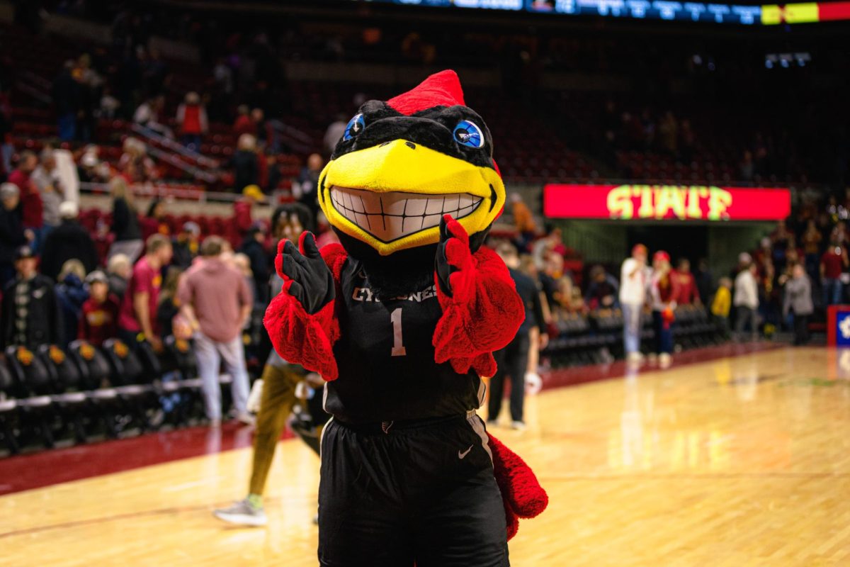 Cy the mascot during the Morgan State University NCAA men's basketball game at Hilton Coliseum on Sunday, Dec. 22, 2024, in Ames, Iowa.