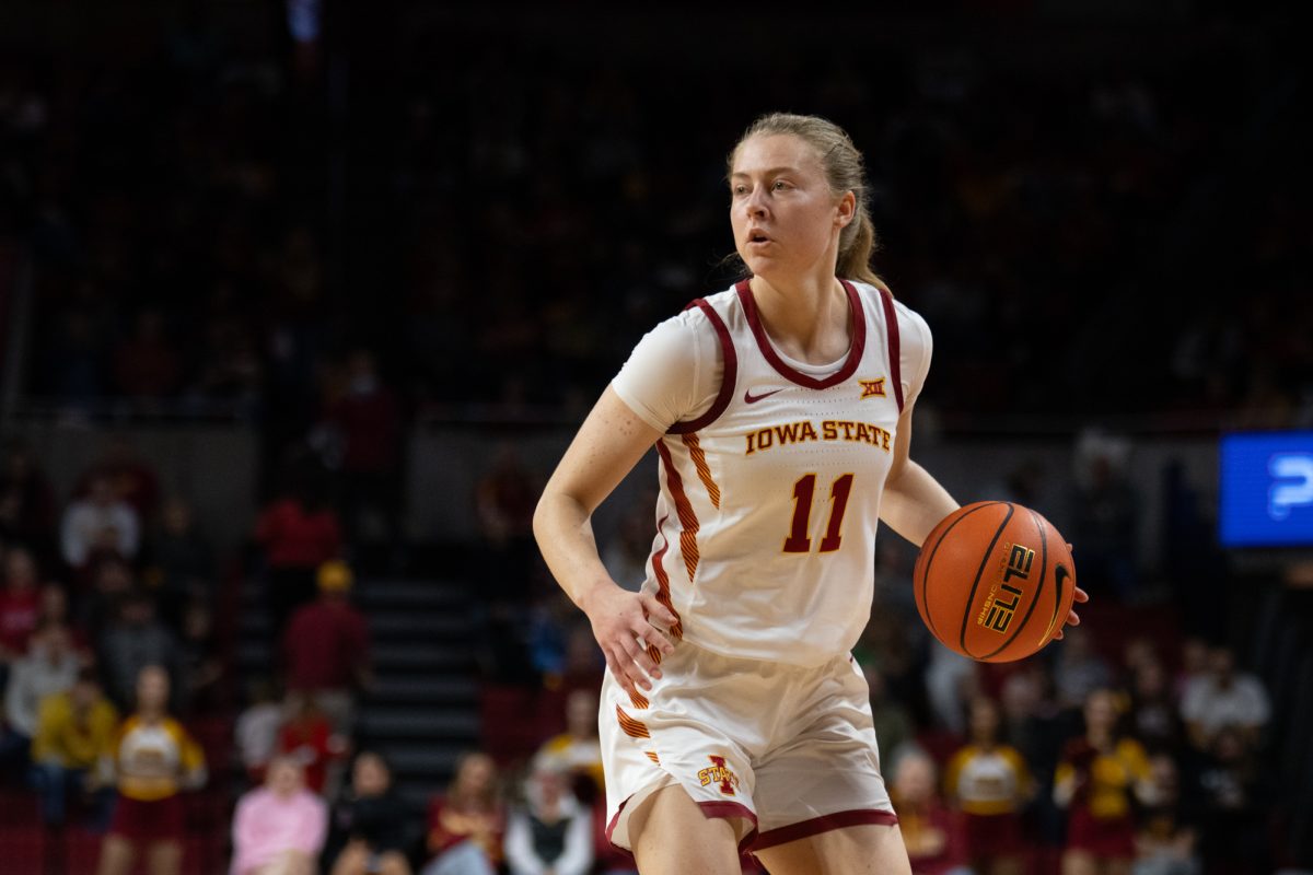 Emily Ryan (11) looks to pass the ball during the game vs. Eastern Illinois,Hilton Coliseum, Ames, Iowa, Dec. 15, 2024.