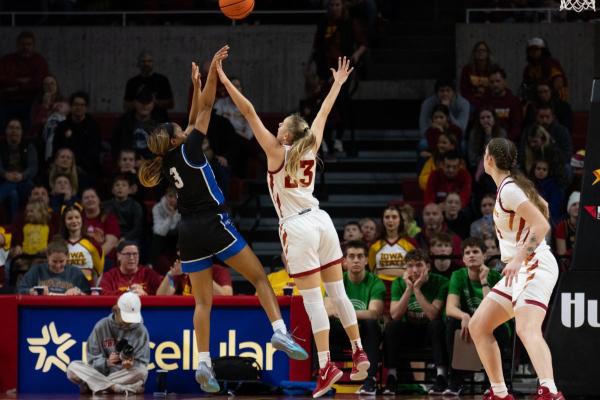 Alex Rouse (3) shoots the ball while being guarded by Kelsey Joens (23) during the game vs. Eastern Illinois,Hilton Coliseum, Ames, Iowa, Dec. 15, 2024.