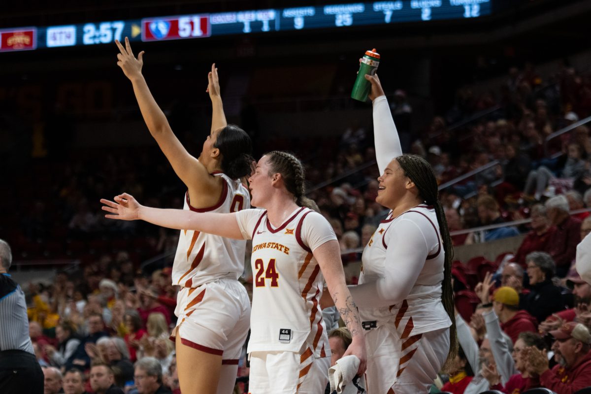 Lilly Tauleilei (9), Addy Brown (24), and Audi Crooks (55) celebrate Iowa State scoring a point from the sideline during the game vs. Eastern Illinois, Hilton Coliseum, Ames, Iowa, Dec. 15, 2024.