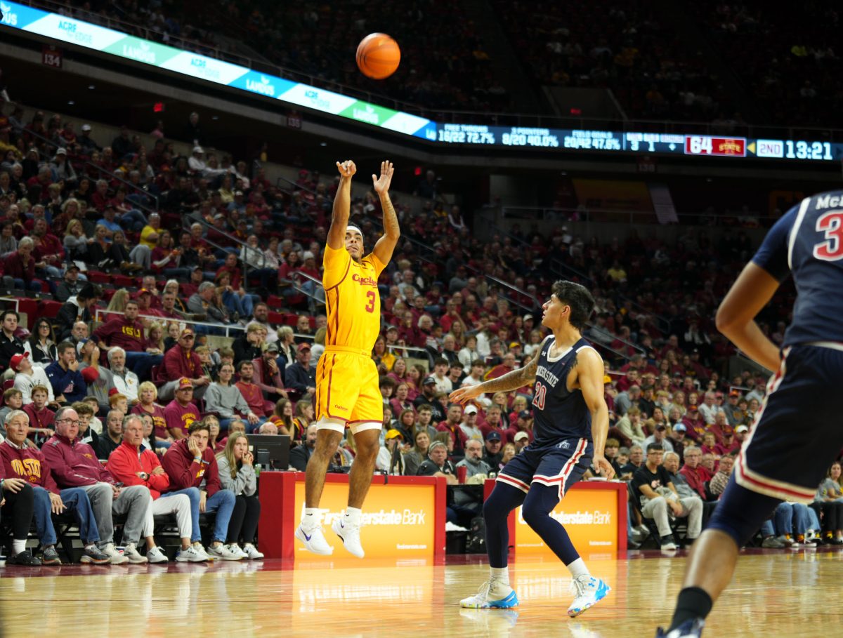 Tamin Lipsey (3) shoots a three pointer at the Iowa State men's basketball game vs. Jackson State University at Hilton Coliseum, Ames, Iowa, Dec. 8, 2024. 