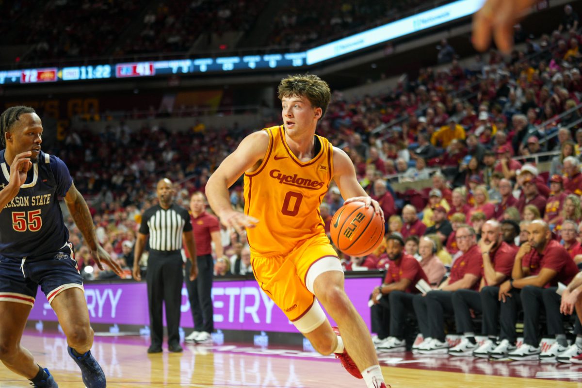 Nate Heise (0) drives the ball toward the net at the Iowa State men's basketball game vs. Jackson State University at Hilton Coliseum, Ames, Iowa, Dec. 8, 2024. 