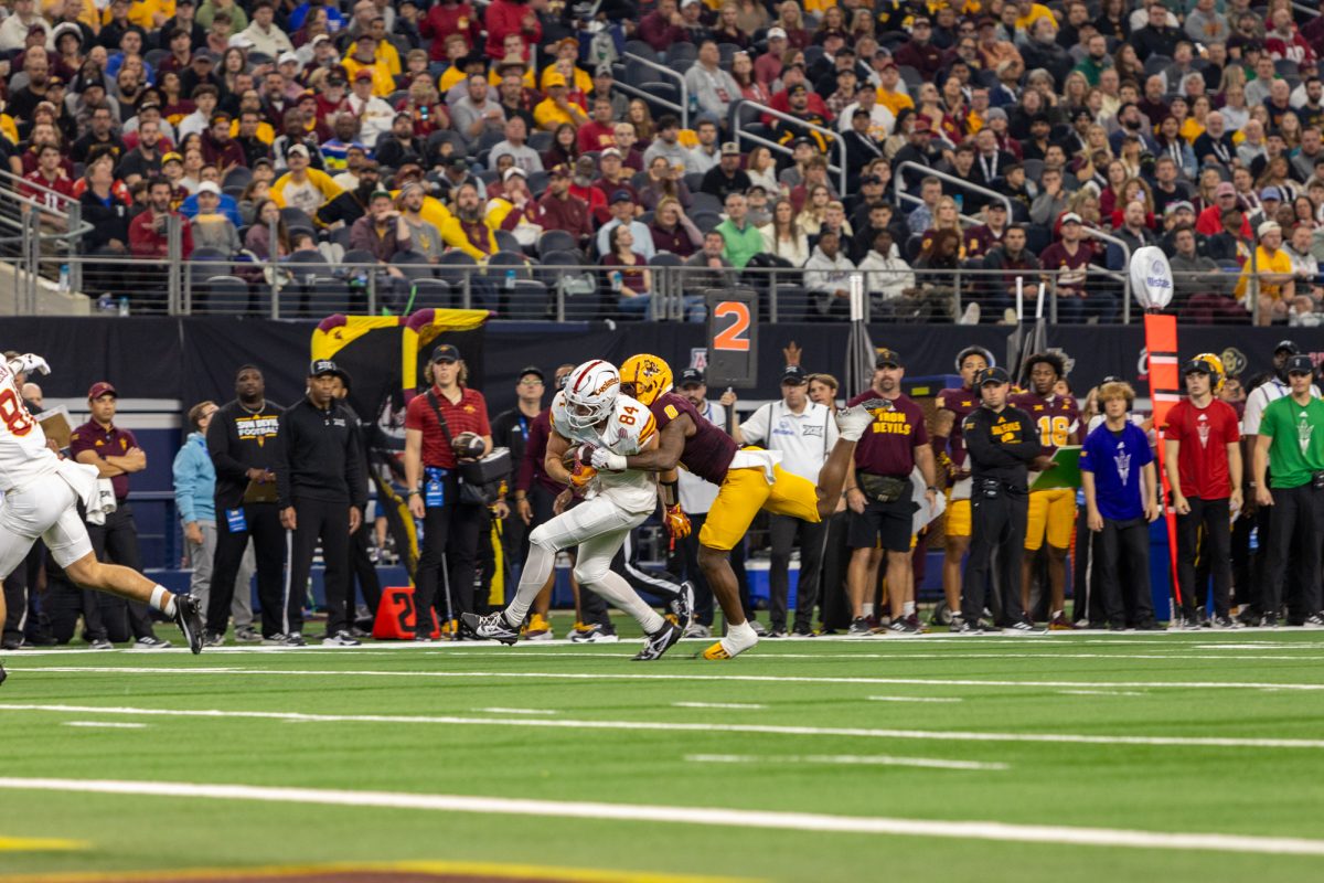 Gabe Burkle (84) successfully catches a pass during the championship game against the Arizona State Sun Devils at AT&T Stadium in Arlington Texas on December 7th, 2024.  