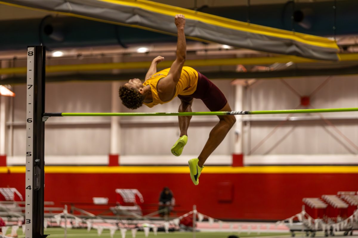 Triston Miller, a Sophomore from Indian Hills Community College, clears the bar during the Men's Heptathlon High Jump competition at the Iowa State Holiday track invitational, inside Lied Recreation Athletic Center, Ames, Iowa, Dec. 13, 2024. 