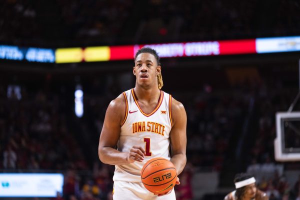 Dishon Jackson (1) prepares to shoot a free throw during the Iowa State vs. Baylor University basketball game, Hilton Coliseum, Jan. 4, 2025.