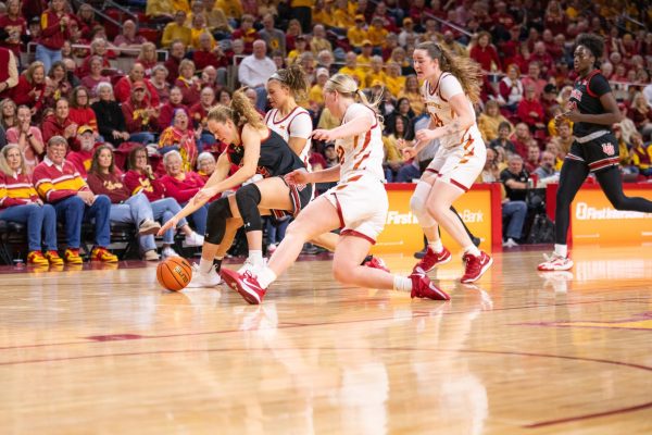 Iowa State runs after the ball trying to beat a defender to it during the Iowa State vs. University of Utah basketball game, Hilton Coliseum, Jan. 5, 2025.