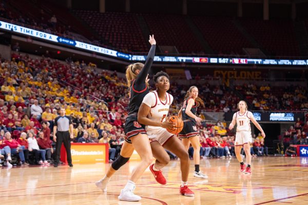 Alisa Williams (3) pushes against a defender looking to score during the Iowa State vs. University of Utah basketball game, Hilton Coliseum, Jan. 5, 2025.