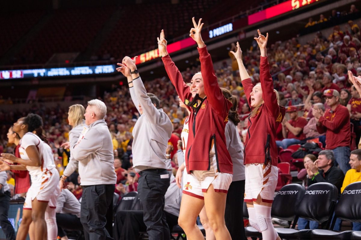 The Iowa State bench celebrates after scoring a 3-pointer during the Iowa State vs. University of Utah basketball game, Hilton Coliseum, Jan. 5, 2025.