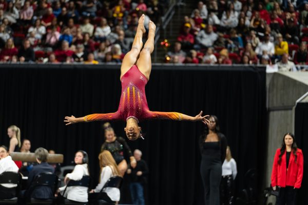 Noelle Adams performs a flip during her floor routine during Beauty and the Beast, Jan. 24, 2025, Hilton Coliseum, Ames, Iowa.