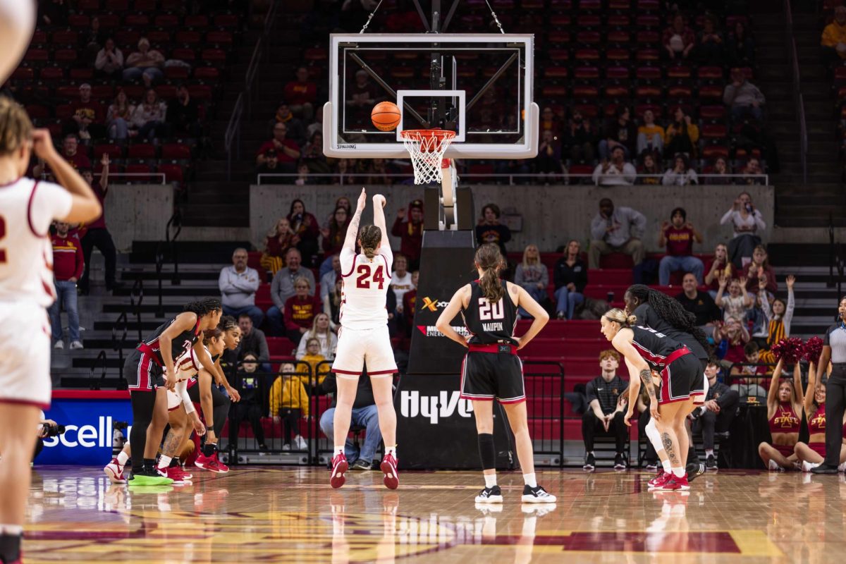 Addy Brown (24) shoots a free throw during the Iowa State vs. Texas Tech University women's basketball game, Hilton Coliseum, Ames, Iowa, Jan. 14, 2025.