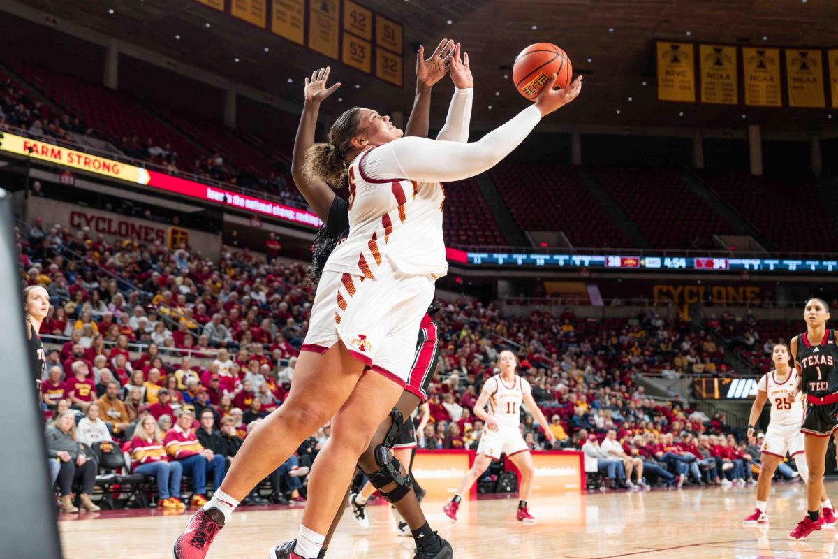 Audi Crooks (55) goes up for a layup during the Iowa State vs. Texas Tech University women's basketball game, Hilton Coliseum, Ames, Iowa, Jan. 14, 2025.