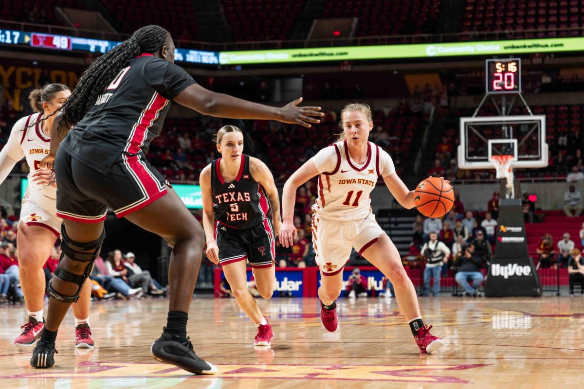 Emily Ryan (11) drives to the basket during the Iowa State vs. Texas Tech University women's basketball game, Hilton Coliseum, Ames, Iowa, Jan. 14, 2025.