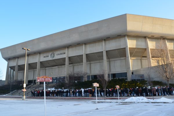 Fans line up in front of the Hilton Coliseum before the Iowa State men’s basketball game vs. The University of Kansas, Hilton Coliseum, Ames, Iowa, Jan. 15, 2025.