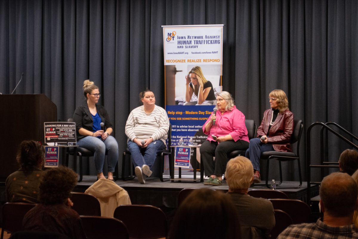 Two survivors of human trafficking and two trauma counselors answer questions during The Sex Trafficking Crisis In Iowa lecture at the Memorial Union, Ames, Iowa, Jan. 27, 2025.