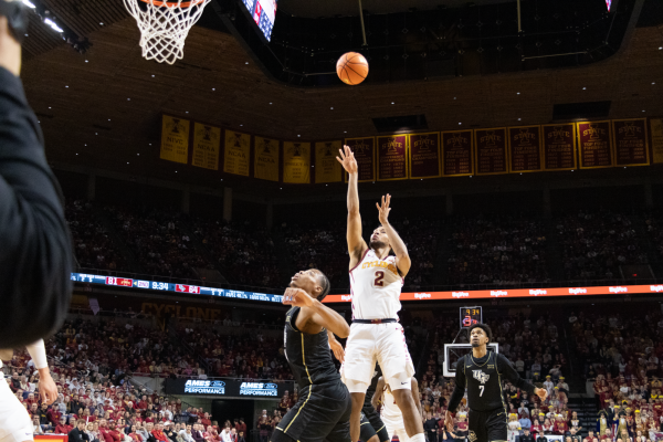 Joshua Jefferson (2) attempts a shot against the University of Central Florida, Jan. 21, 2025, Hilton Coliseum, Ames, Iowa.