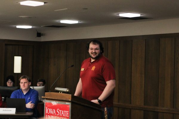 Senator Erik Rowles giving his statement on why he should be elected to a new organization board on helping CyRide become better transportation for students during Student Government on Jan. 22, 2025, Memorial Union, Ames Iowa. 