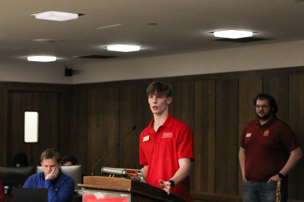 Senator Jake Snyder giving his speech on what he can bring with ideas and more to help Cyride transportation organization board if selected during Student Government on Jan. 22, 2025, Memorial Union, Ames Iowa. 