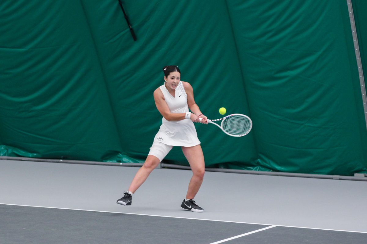 Mari Paz Alberto Vilar goes to hit the ball from the corner during single matches against the University of Nebraska Omaha, Jan. 24, 2025, Iowa State Tennis Center, Ames, Iowa. 