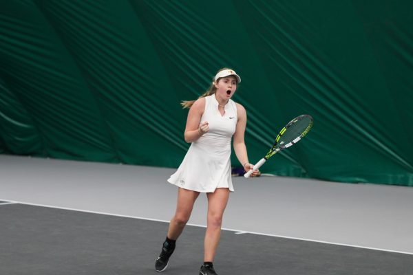 Valeska San Martin Ramirez celebrating a winning point during a set match point during single matches against the University of Nebraska Omaha, Jan. 24, 2025, Iowa State Tennis Center, Ames, Iowa. 