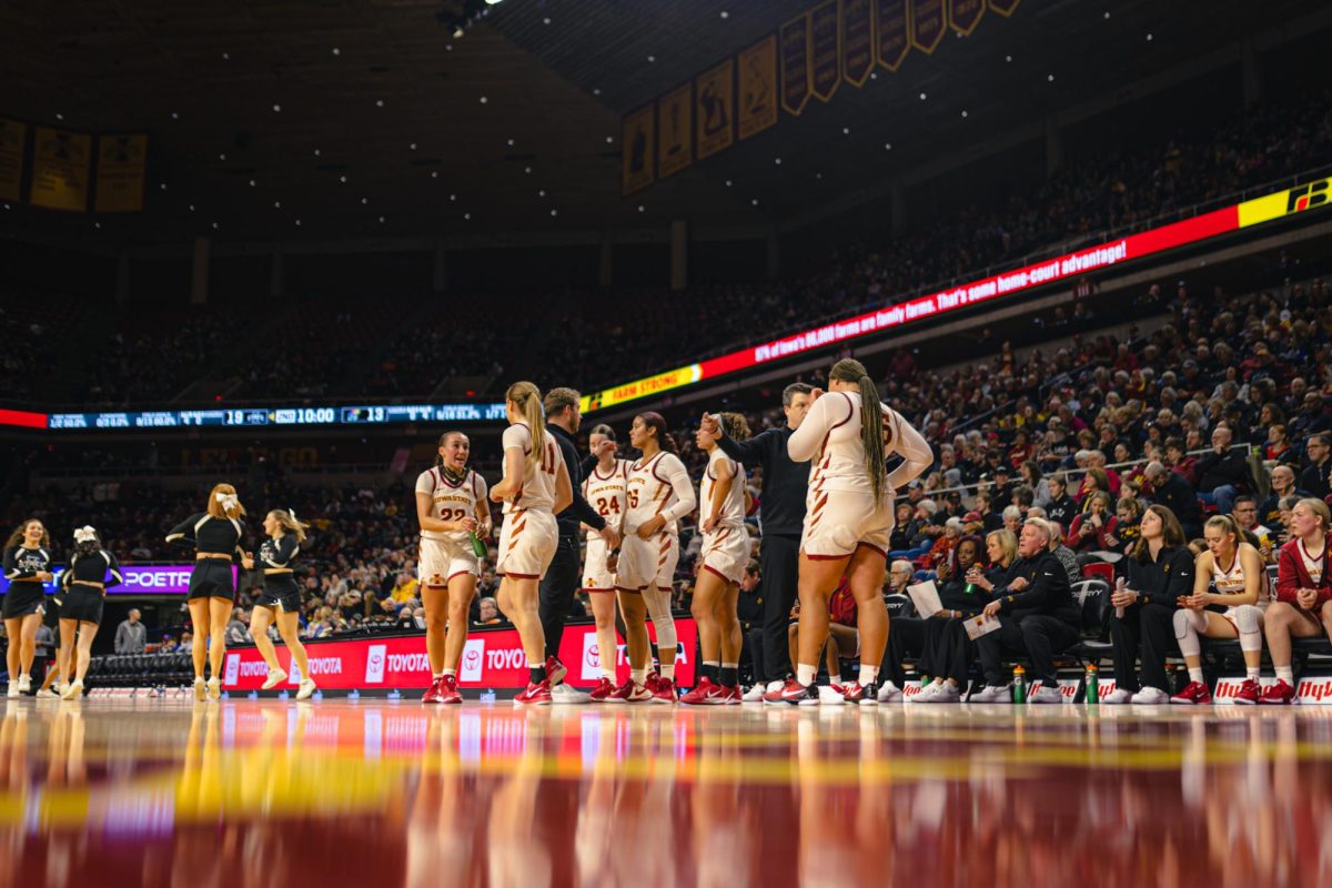 The Iowa State womens basketball team during the Iowa State vs. University of Kansas NCAA women's basketball game at Hilton Coliseum on Wednesday, Jan. 1, 2025, in Ames, Iowa.