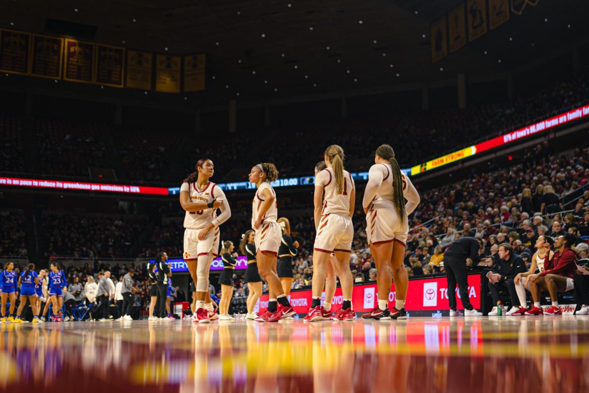 The Iowa State womens basketball team during the Iowa State vs. University of Kansas NCAA women's basketball game at Hilton Coliseum on Wednesday, Jan. 1, 2025, in Ames, Iowa.