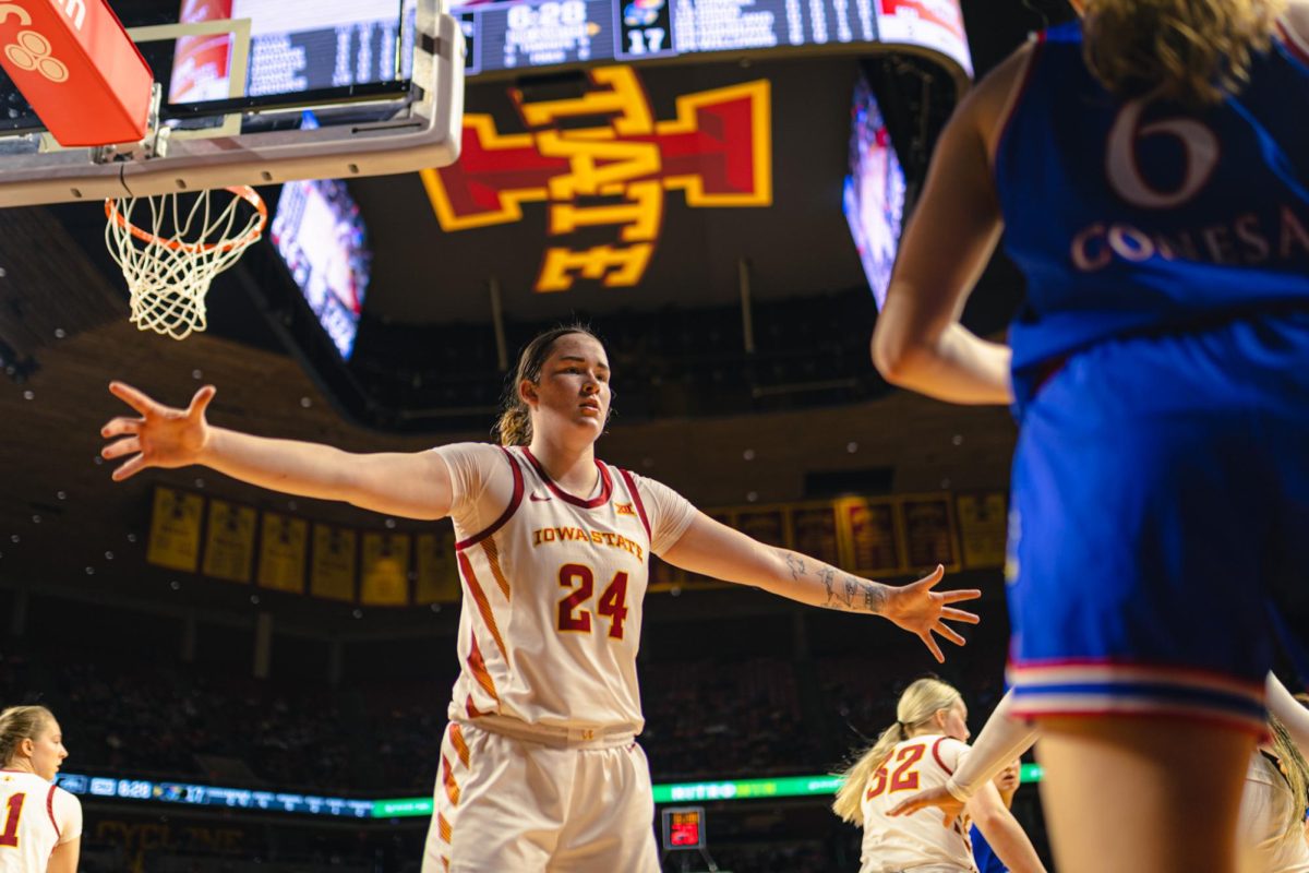 Addy Brown (24) guards a Kansas out of bounds play during the Iowa State vs. University of Kansas  NCAA women's basketball game at Hilton Coliseum on Wednesday, Jan. 1, 2025, in Ames, Iowa.